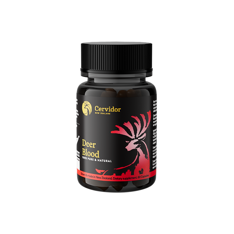 A black bottle of Cervidor Deer Blood with a black cap, featuring a label with a red deer graphic and yellow text, isolated on a white background.