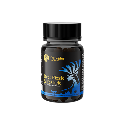 A black bottle of Cervidor Deer Pizzle & Testicle herbal supplement with a black cap, featuring a label with a blue deer graphic and gold text, set against a plain white background.