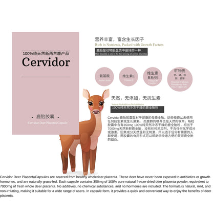 Cervidor Deer Placenta Capsules packaging shown on a white background with a deer illustration and Chinese descriptive text. The box is light pink with black text and a brown-and-cream deer graphic on the front.