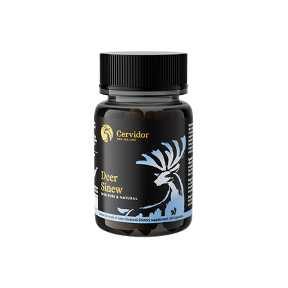 A bottle of Cervidor New Zealand Deer Sinew herbal supplement, featuring a black plastic bottle with a black ribbed cap and a black label decorated with a light blue deer graphic and gold text.