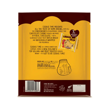 Back of a Cookie Time Cgicikate Chunk cookie package with text and branding on a yellow and brown background
