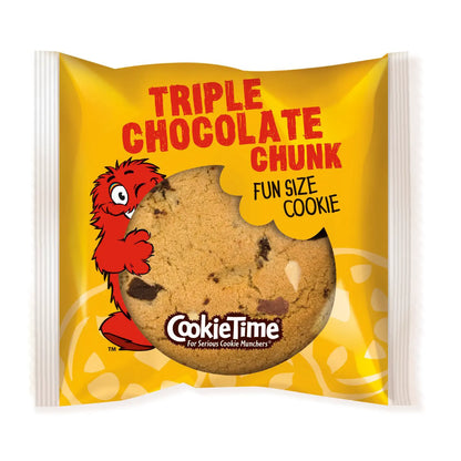 Yellow package of CookieTime Triple Chocolate Chunk fun size cookie with a cartoon character.