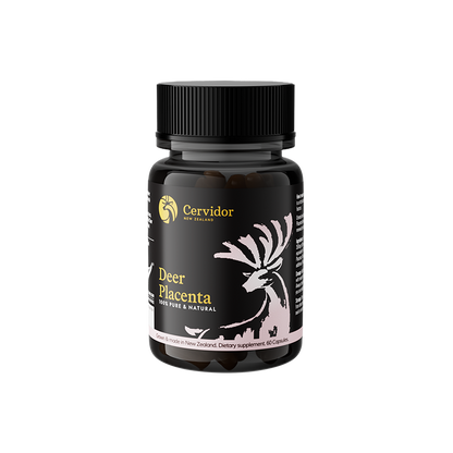 A black bottle of Cervidor New Zealand Deer Placenta capsules, featuring a black label with a white deer graphic and gold text, set against a plain white background.