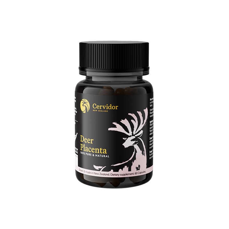 A black bottle of Cervidor New Zealand Deer Placenta capsules, featuring a black label with a white deer graphic and gold text, set against a plain white background.