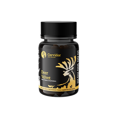 A bottle of Cervidor New Zealand Deer Velvet pet supplement, featuring a black bottle and cap with a black label decorated with a gold deer graphic and text.