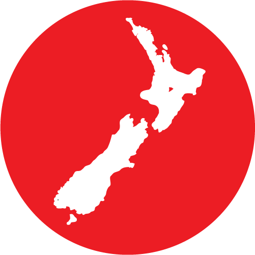 White outline of New Zealand on a red circle