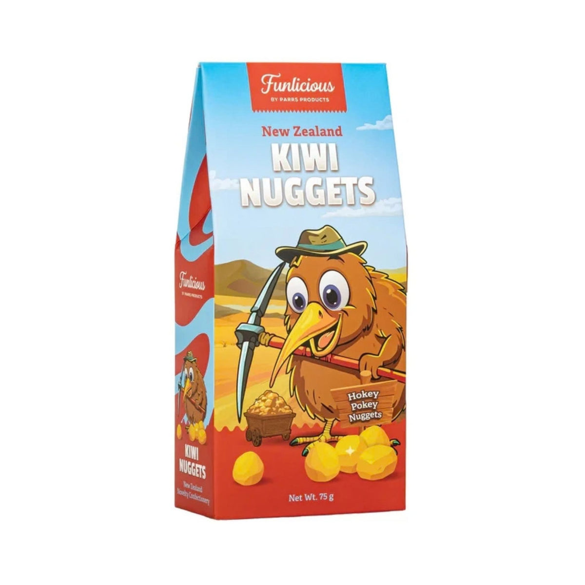 A 75g bag of Funicious Kiwi Nuggets on a plain white background. The packaging features a bright blue sky and red ground illustration with a cartoon kiwi bird wearing a hat and holding a pitchfork,.
