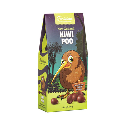 A 100g package of 'Funlicious' New Zealand Kiwi Poo Chocolate raisins, featuring a cartoon kiwi bird illustration on a green and purple background.