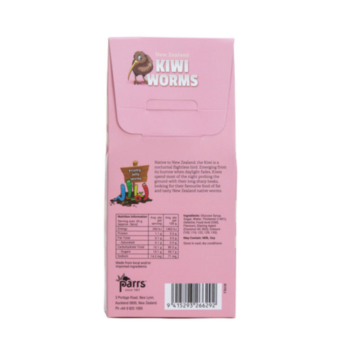 The back of a pink cardboard box for Kiwi Worms, featuring product information, ingredients, a barcode, and a small kiwi worm illustration, photographed on a white background.