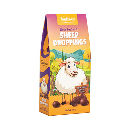 A 100 g bag of Functitious New Zealand Sheep Droppings chocolate cookies and peanuts, featuring a colorful cartoon sheep on a scenic background.