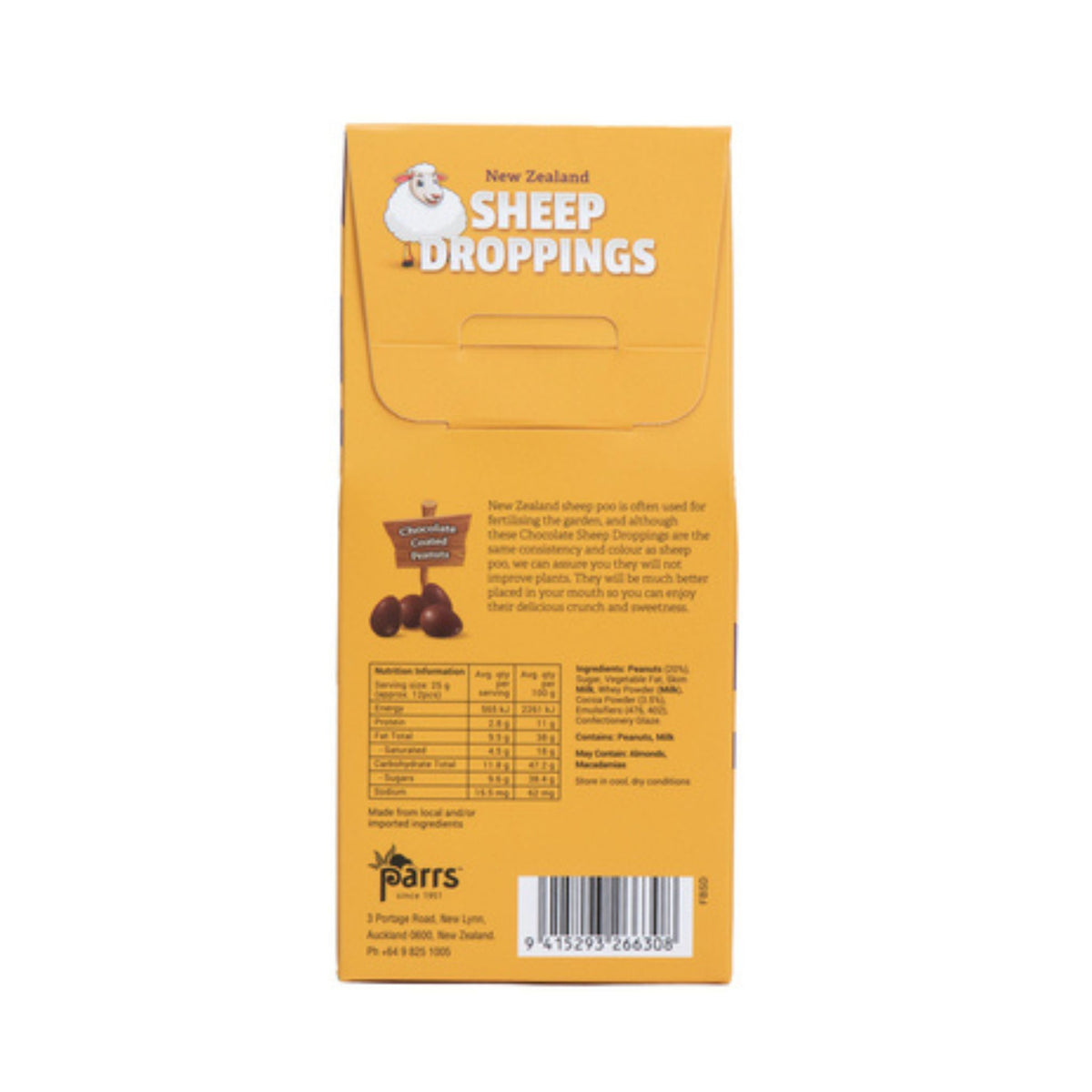 The back of a yellow-orange package for New Zealand Sheep Droppings chocolate, showing product information, nutrition facts, ingredients, and a barcode on a white background.