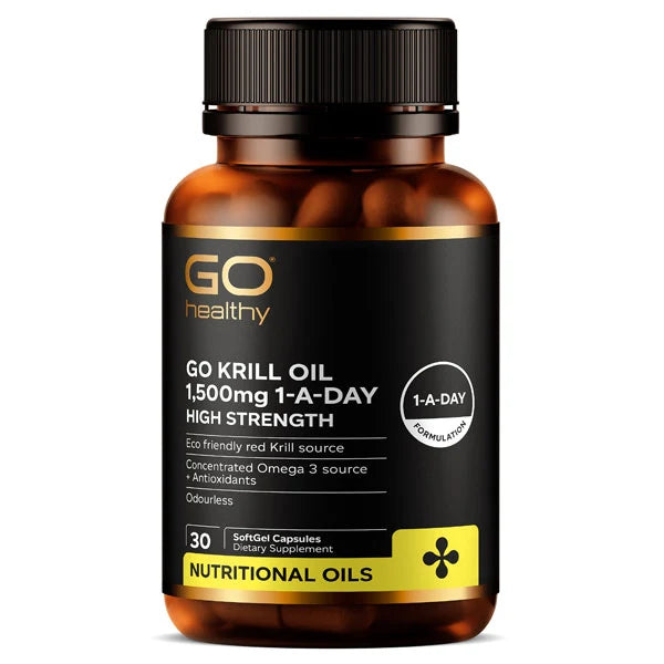 An amber plastic bottle of GO Healthy Go Krill Oil dietary supplement with a black cap and black label featuring gold and white text.