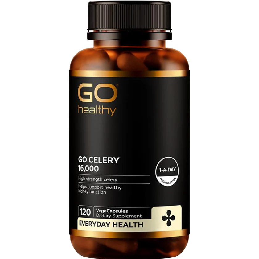 Supplement bottle labeled 'GO healthy' on a white background