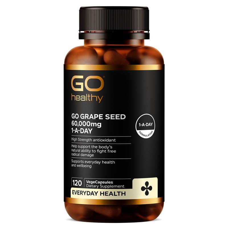 Supplement bottle labeled 'GO Healthy' with grape seed extract on a white background