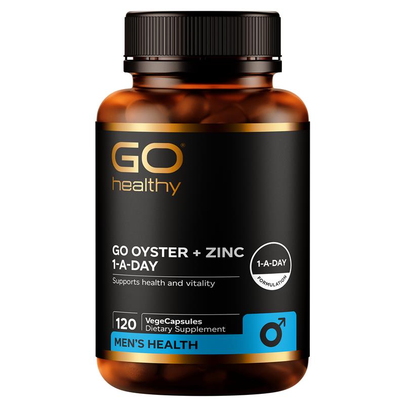 Supplement bottle labeled 'GO Healthy Oyster + Zinc 1-A-Day' on a white background