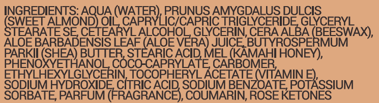 List of ingredients on a brown background for Hive Kamahi Honey Hand Creme