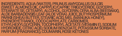 List of ingredients on an orange background for Hive manuka honey hand creme