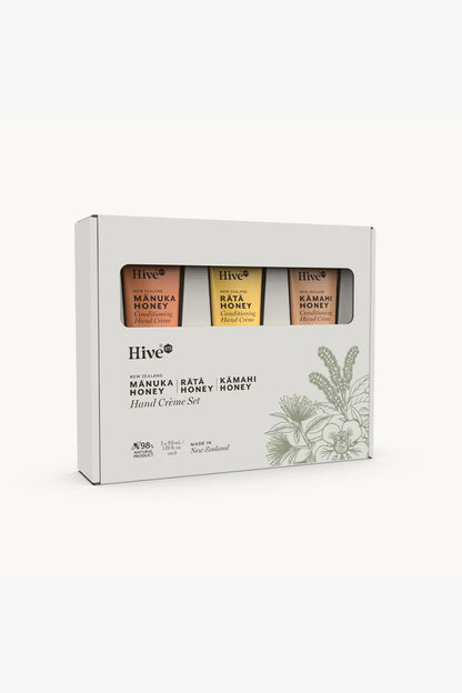 Hive Manuka, Rata and Kanuka Honey Hand Creme Set packaging on a white background