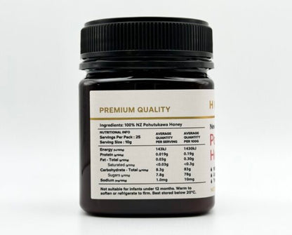 Jar of honey with a label on a white background