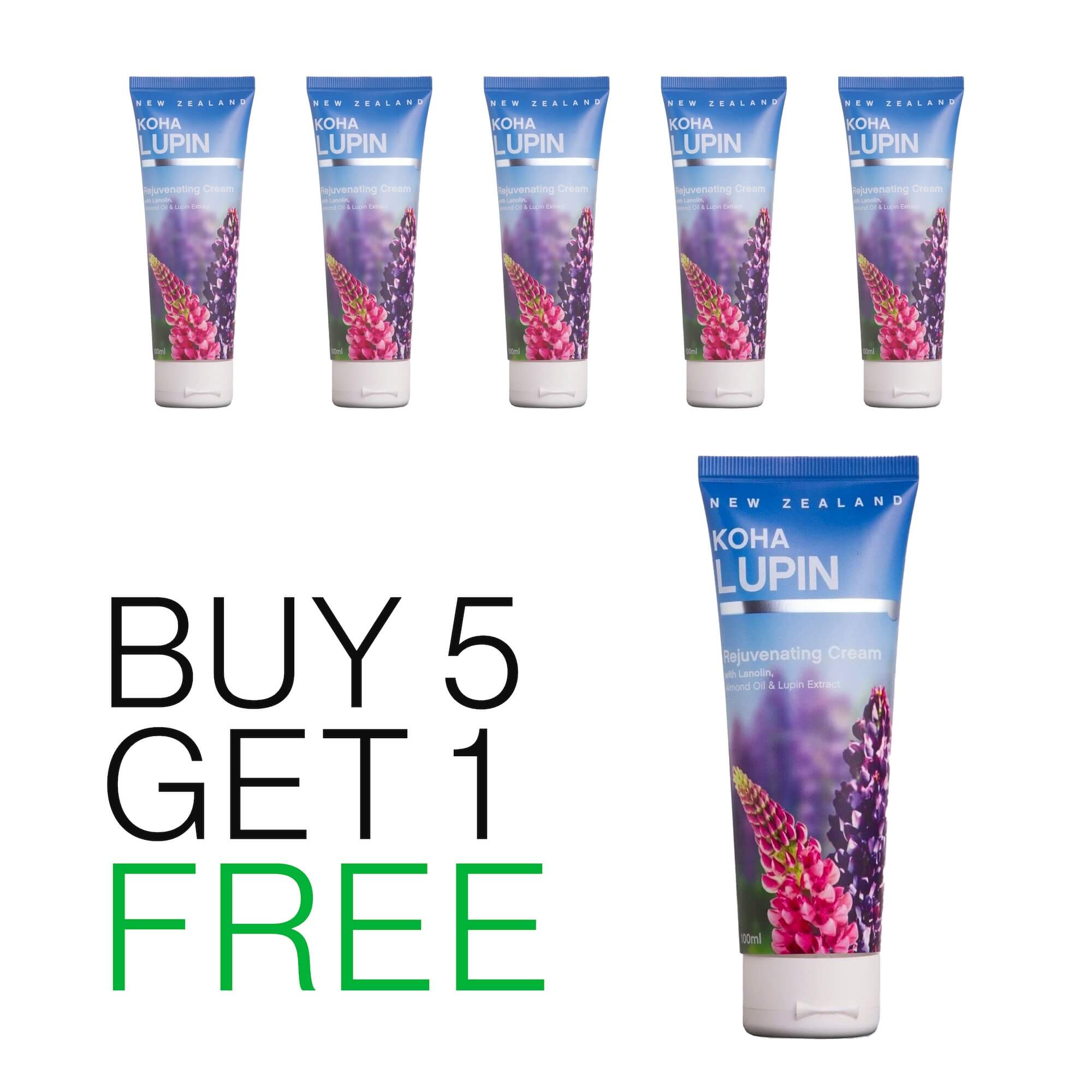 A set of six tubes of Koha Lupin Rejuvenating Cream with a promotional offer text stating 'BUY 5 GET 1 FREE'.
