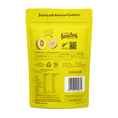 Yellow package of 'Little Beauties' gold kiwifruit with text and graphics on a white background
