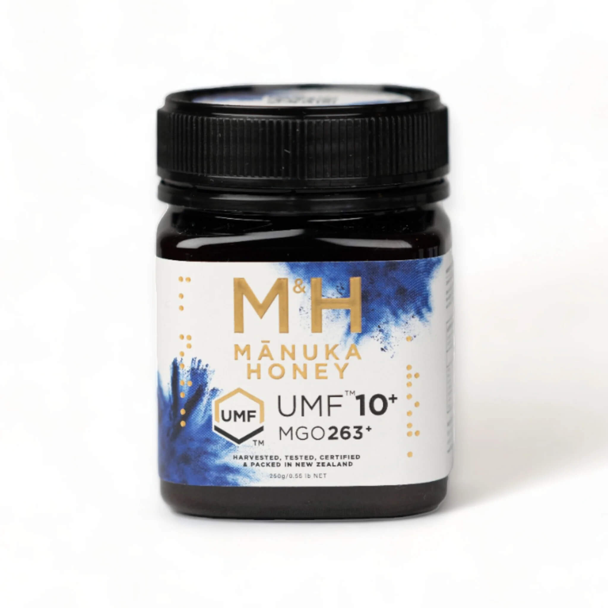 M&H Manuka Honey UMF 10+ 250g jar with black lid on a white background