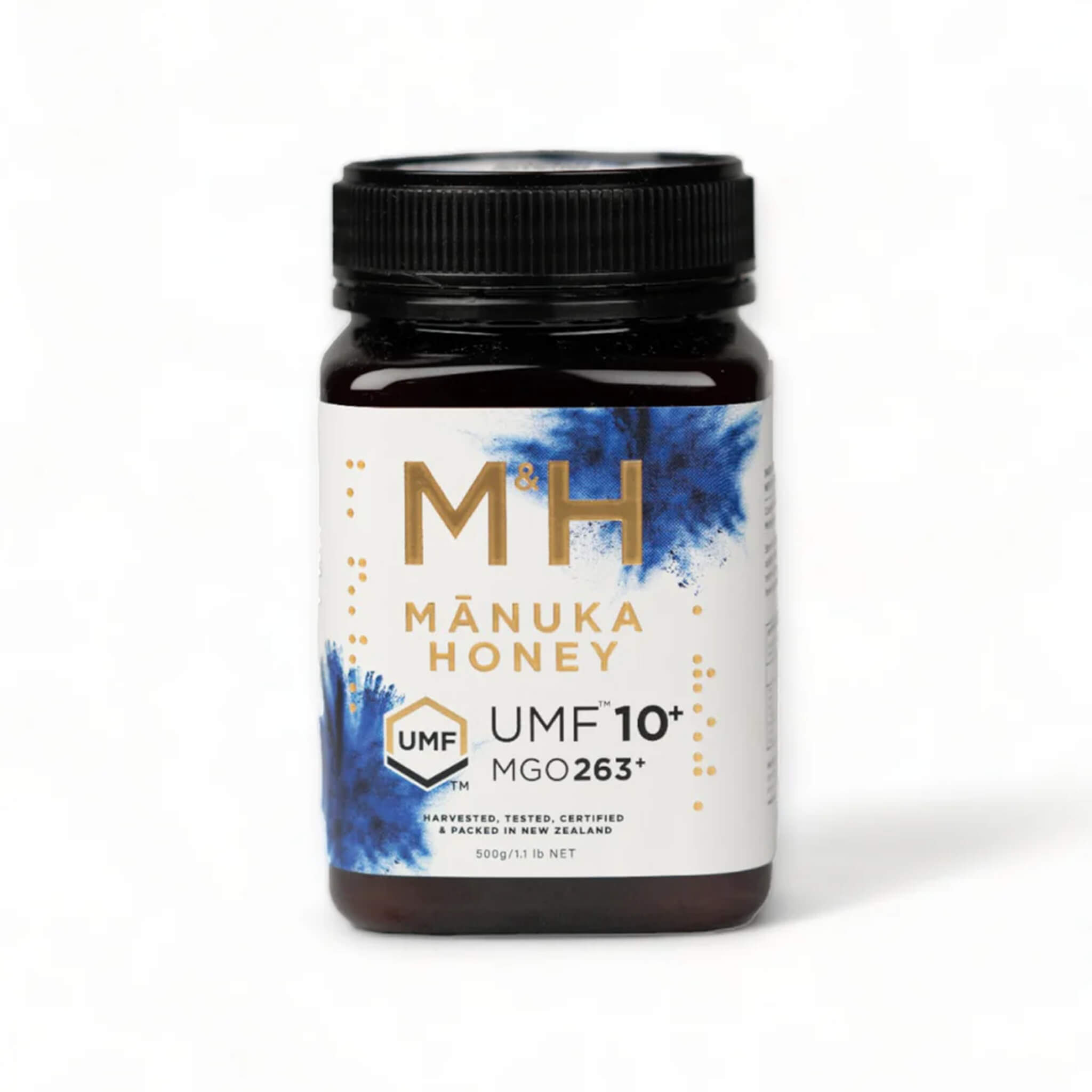 M&H Manuka Honey UMF 10+ 500g jar with label on a white background