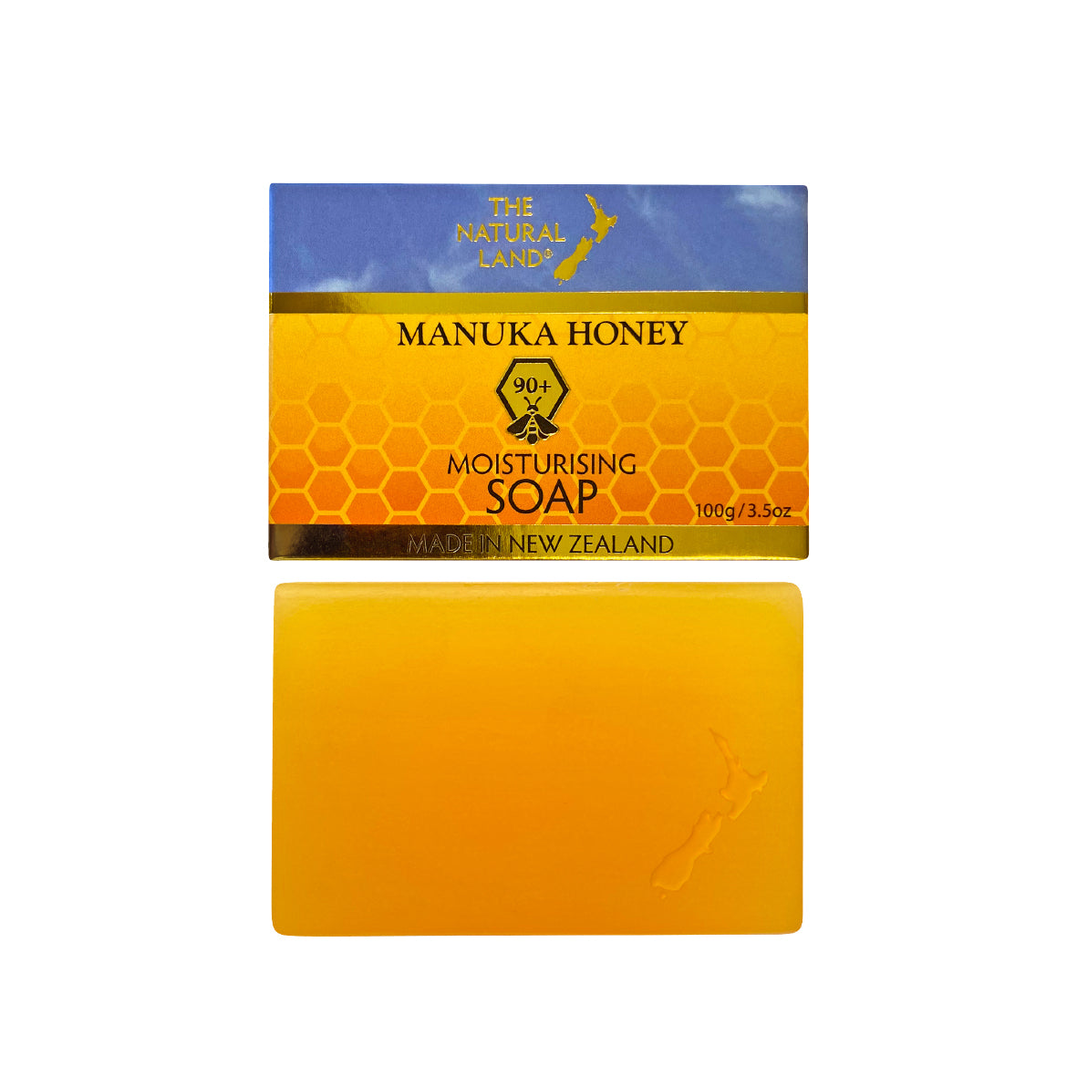 A bar of soap with a label indicating it is made with Manuka honey, from The Natural World brand.