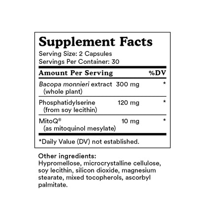 MitoQ Brain Supplement facts label with detailed ingredient information on a white background