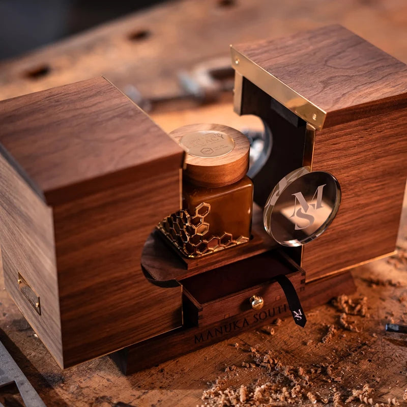 Wooden lathe with Manuka South Manuka Hosney UMF35+on a workshop bench