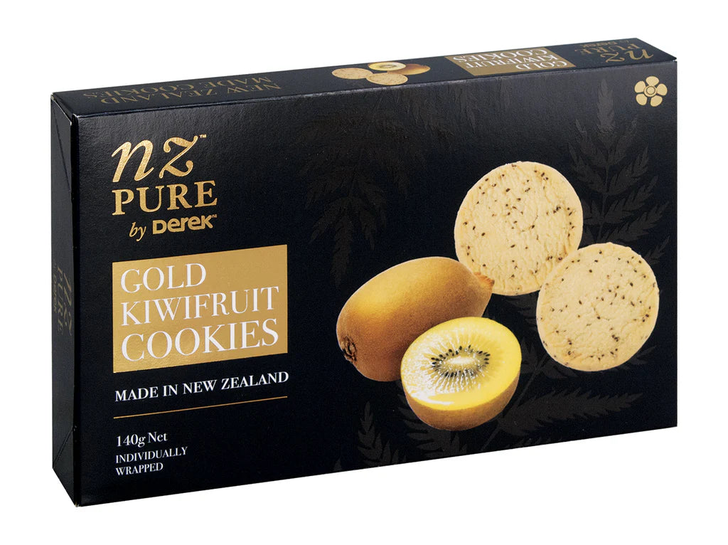 Box of Gold Kiwifruit Cookies by nz pure Derek with kiwi fruit images on a black background