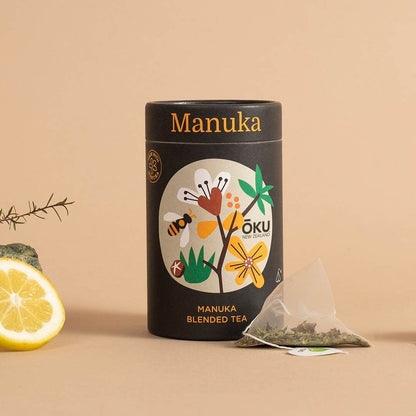 Oku Tea Manuka package on pink background