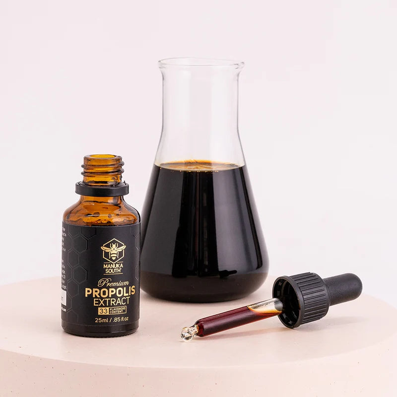 Bottle of propolis extract with dropper on a light background