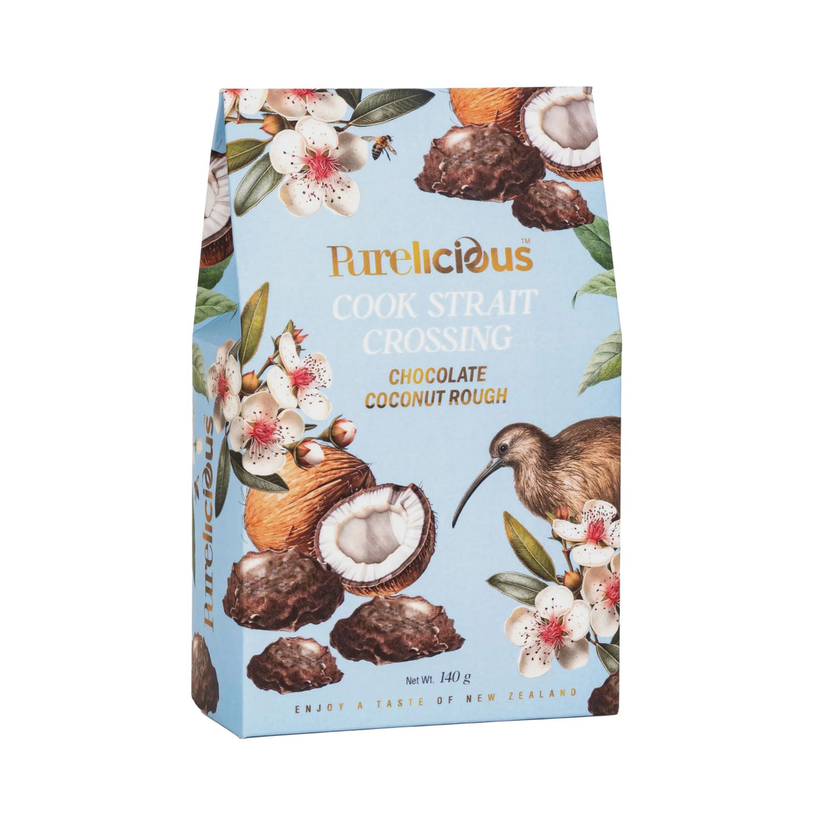 Purelicious Cook Strait Crossing Chocolate Coconut Rough tea in a light blue bag decorated with illustrations of kiwi birds, coconuts, and white flowers.