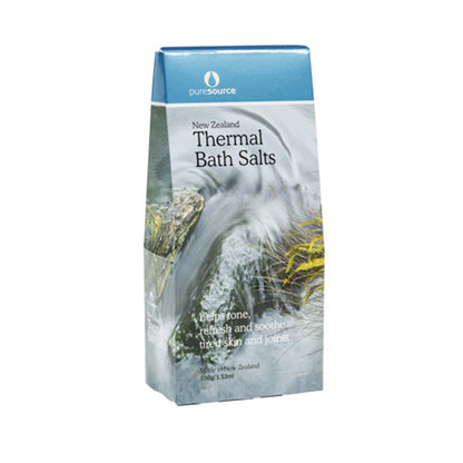 Package of New Zealand Thermal Bath Salts 100g with scenic design on a white background