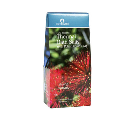 Pouch of New Zealand Thermal Bath Salts with Pohutukawa Leaf on a white background