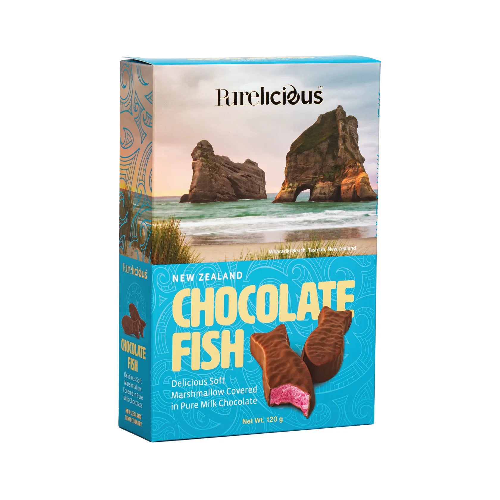 A box of Purelicious Chocolate Fish chocolate treats on a plain white background. The packaging features a bright blue lower half with yellow text and an image of two chocolate-covered fish-shaped chocolates, while the top half shows a scenic New Zealand coastal image.