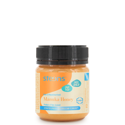Jar of Steens Manuka Honey  UMF10+ 225g on a white background