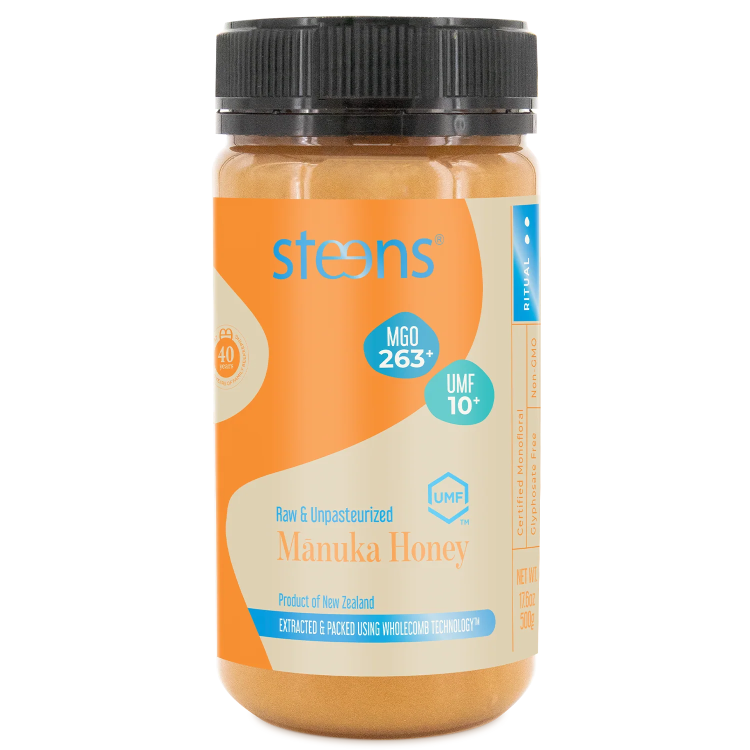 Jar of Steens Manuka Honey UMF10+ 500g with orange label on a white background