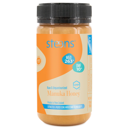 Jar of Steens Manuka Honey UMF10+ 500g with orange label on a white background