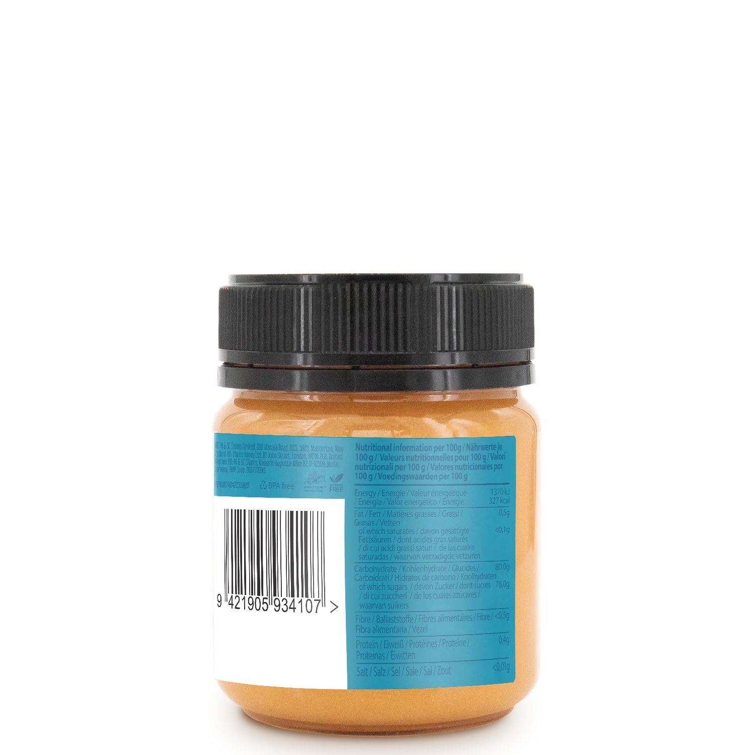 Jar  of Steens Manuka Honey UMF24+ 225g with a black lid and blue label on a white background