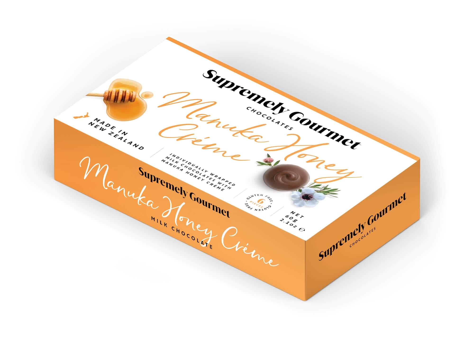 Supremely Gourmet Manuka Honey Crème chocolate packaging on a white background