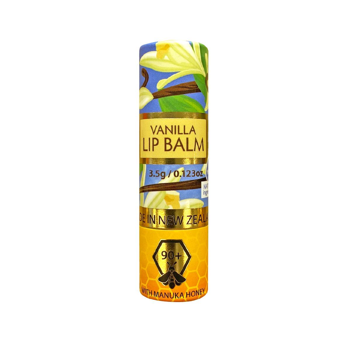 The Natural Land Vanilla lip balm in a twist-up tube packaging with yellow and blue colors and floral imagery.