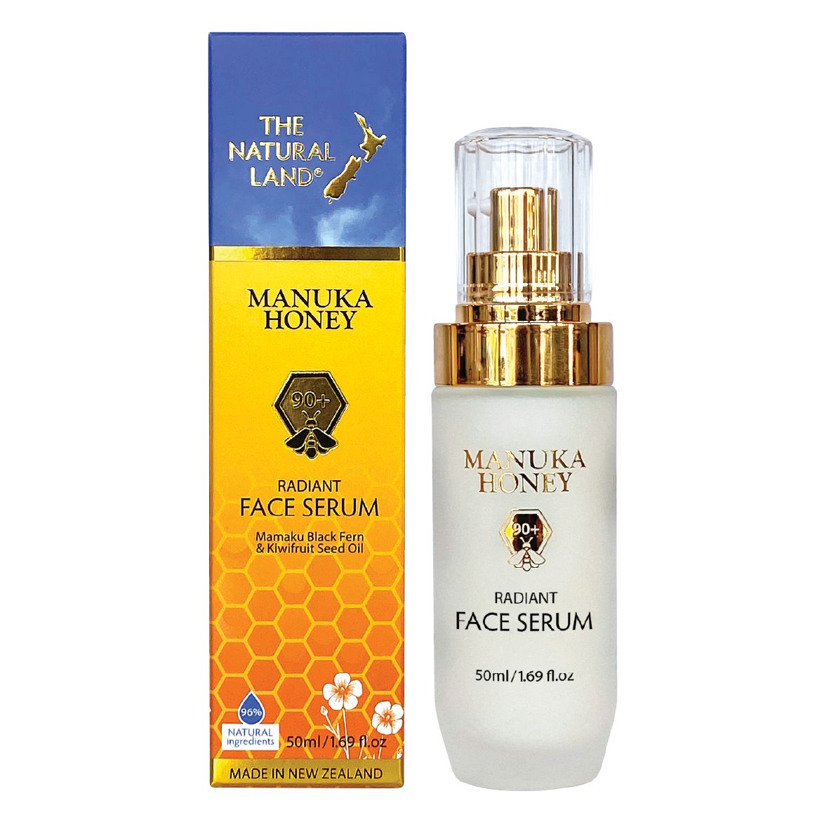 The Natural Land Manuka Honey Radiant Face Serum with packaging on a white background