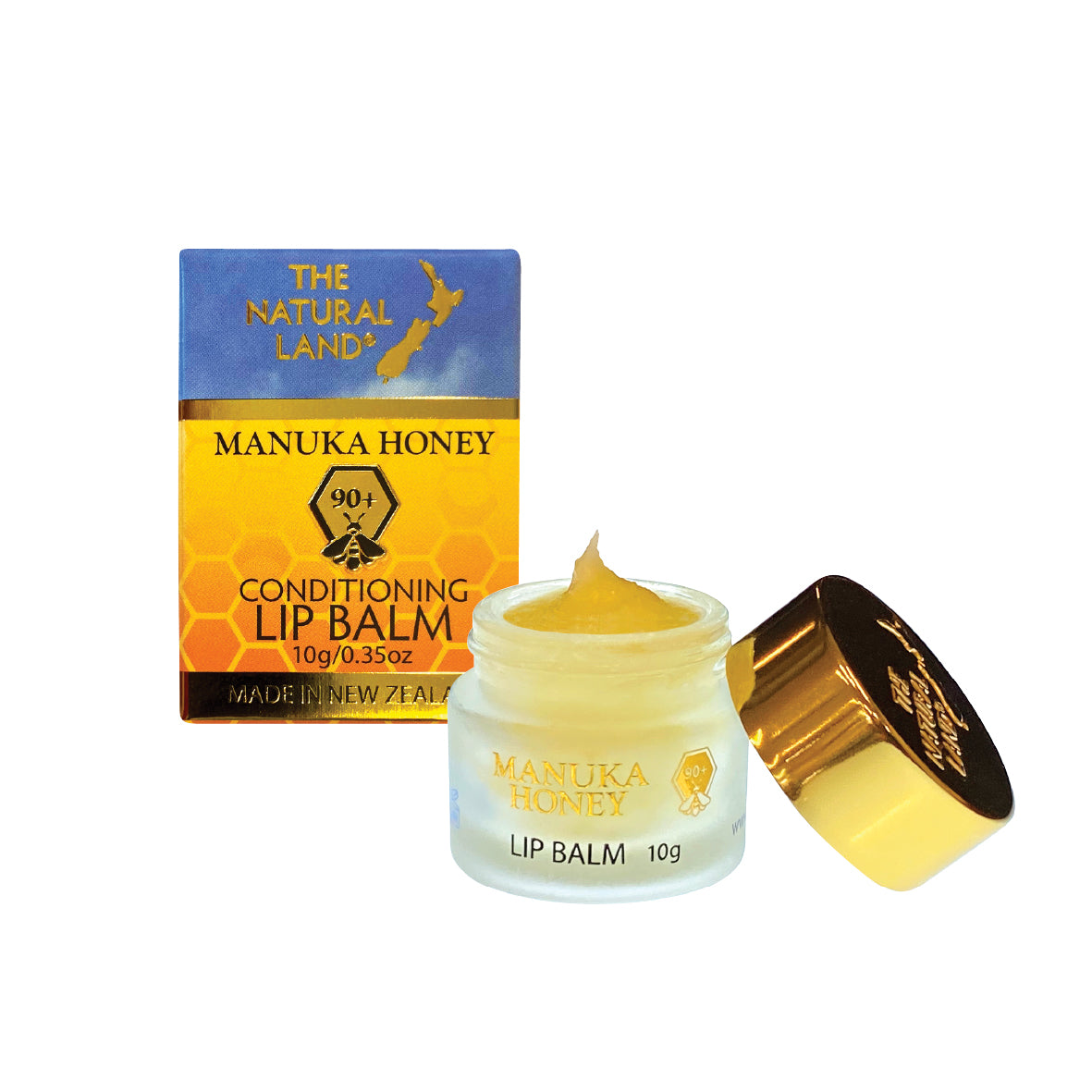 A pot of Manuka Honey Conditioning Lip Balm with its packaging, The Natural Land branding, and natural vanilla color scheme.