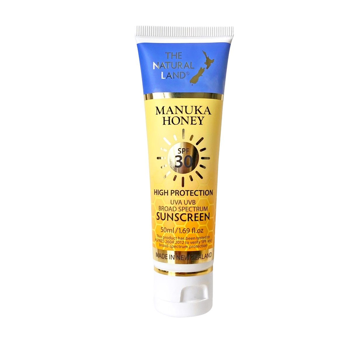 The Natural Land Manuka Honey sunscreen tube with blue and yellow design on a white background