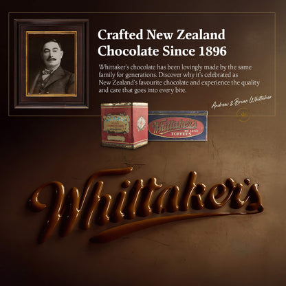 Whittaker's chocolate brand advertisement with a vintage portrait and text about their long history in New Zealand.