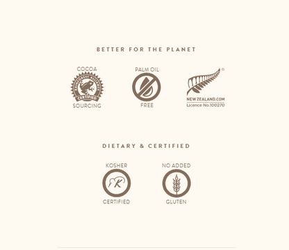 Certification logos for cocoa sourcing, palm oil free, New Zealand license, kosher certification, and no added gluten on a beige background.