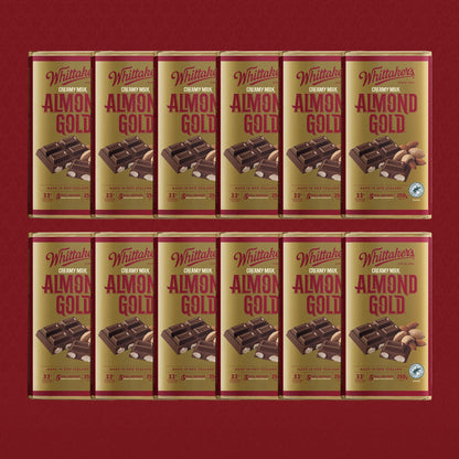 Grid of Whittaker's Almond Gold chocolate bars on a red background