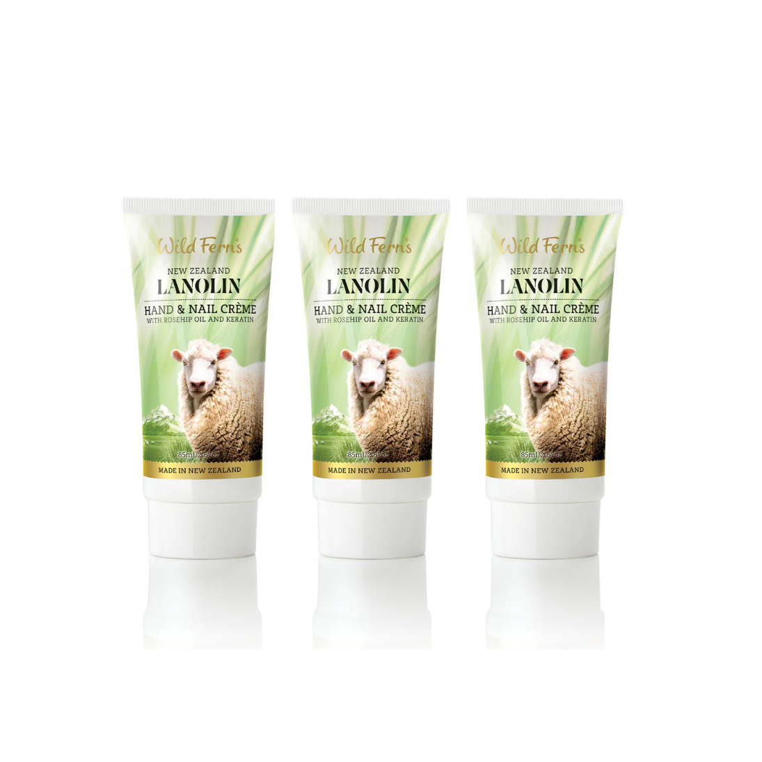 Three tubes of Wild Fern's Lanolin Hand & Nail Crème with a sheep label on a white background